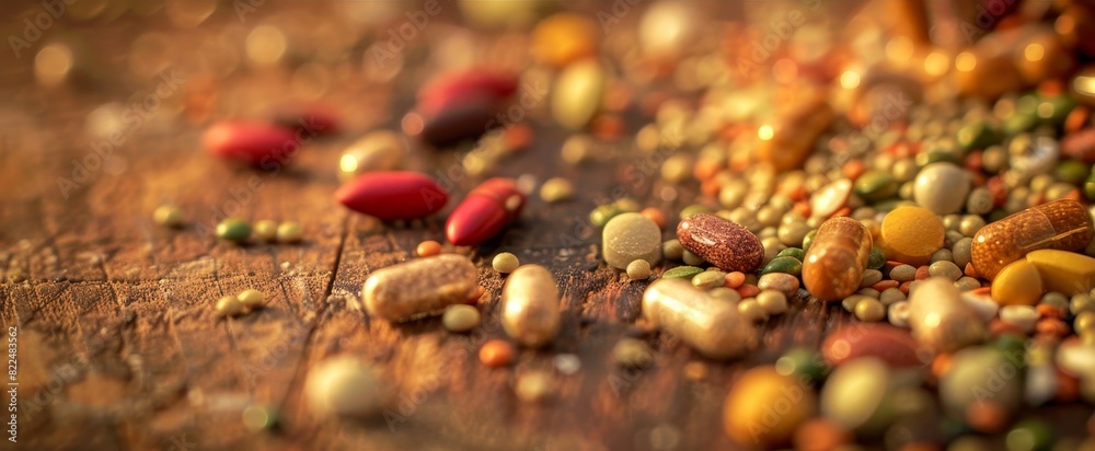 Wide-angle perspective, close-up of assorted, textured nutrition pellets on a wooden surface, oil paint style, warm lighting, focus on intricate details, slightly blurred background for emphasis Wide-angle perspective, close-up of assorted, textured nutrition pellets on a wooden surface, oil paint style, warm lighting, focus on intricate details, slightly blurred background for emphasis