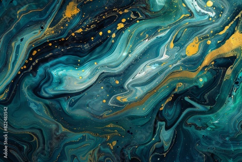 Tilted angle view of vibrant, abstract marbled texture, bold swirling colors of blue, green, and gold, high-contrast and glossy finish