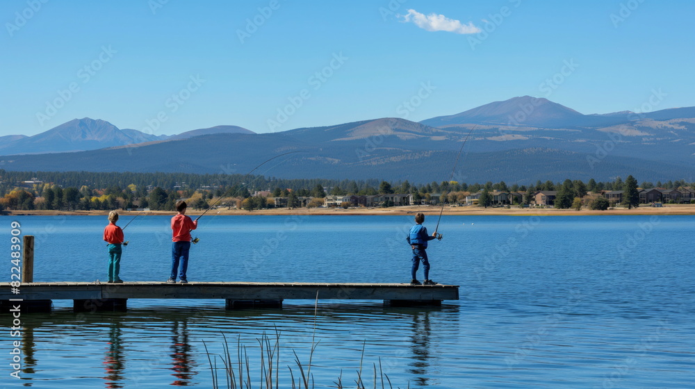Children fishing off the pier on a clear day at the lake
