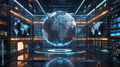 A cybernetic room dedicated to global finance  featuring a large globe displaying real-time financial transactions and market trends  