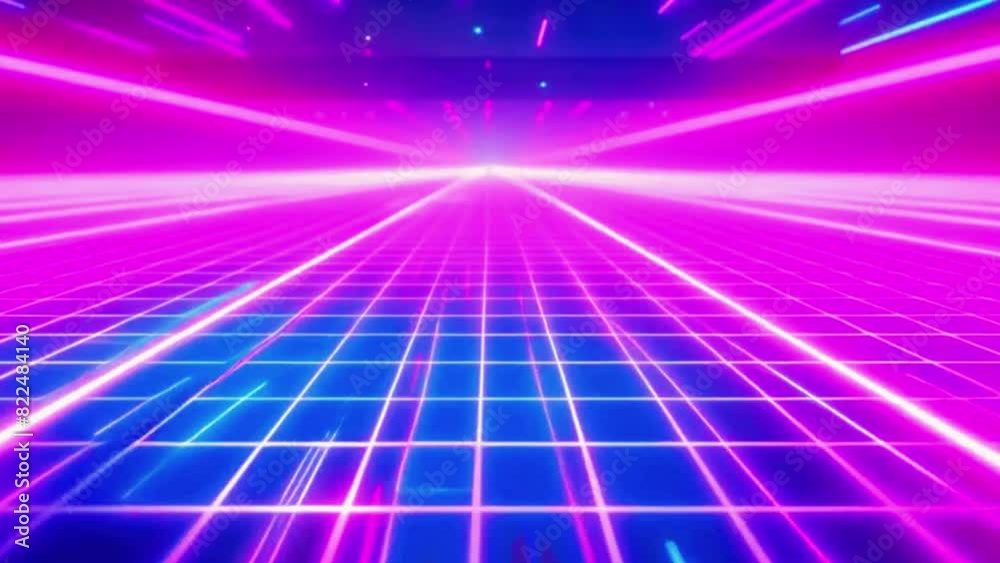 A glowing neon grid stretches into the distance, with lines traveling along it in various directions, creating a sense of depth and perspective, 4K High-Quality Animation Background Video A glowing neon grid stretches into the distance, with lines traveling along it in various directions, creating a sense of depth and perspective, 4K High-Quality Animation Background Video
