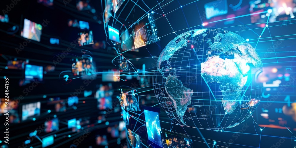 Abstract digital globe with global network connections and images of ...