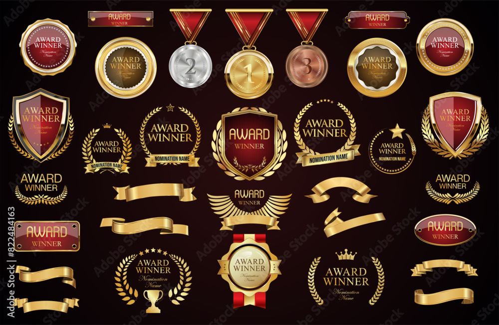award winner luxury gold badge shield ribbon and laurel retro vintage collection