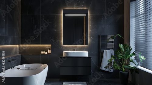 Modern bathroom with a black marble theme. The main features include a freestanding bathtub  a countertop sink with a faucet