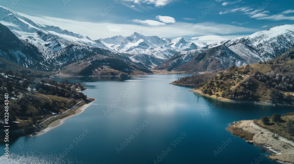 A beautiful mountain lake with snow on the mountains A beautiful mountain lake with snow on the mountains