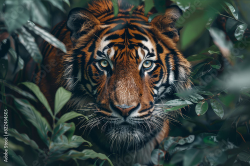 A majestic tiger stalking its prey in the dense jungle  its eyes focused and muscles tensed  surrounded by lush  green forest vegetation.. AI generated.