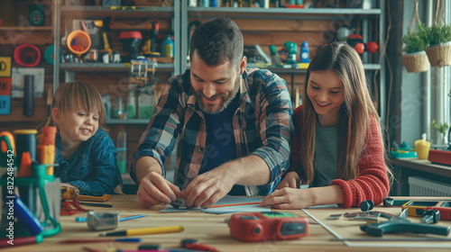 family enjoying a quirky DIY project, surrounded by tools and craft supplies photo