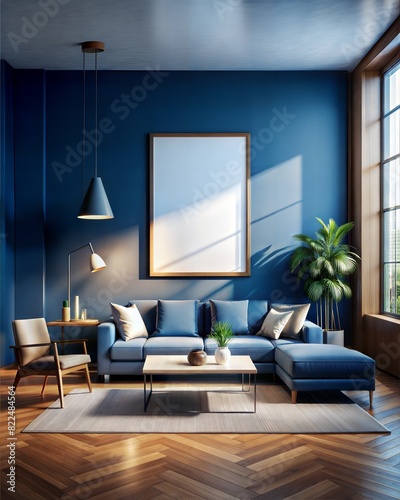 A blue living room with a white framed picture on the wall
