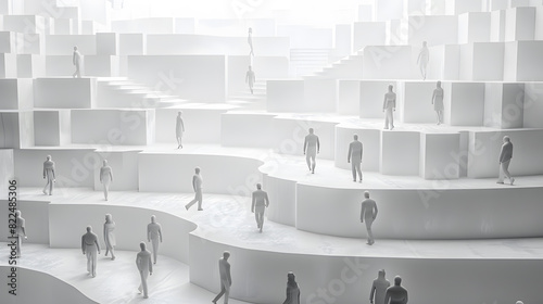 A group strolls on a white surface with urban design and monochrome style