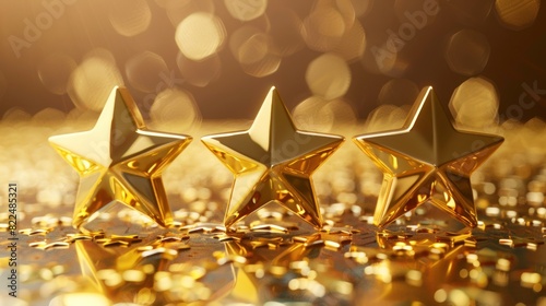 Gold five star rating trophy success award symbol, background of best customer feedback review winner prize or golden victory AI Generative photo