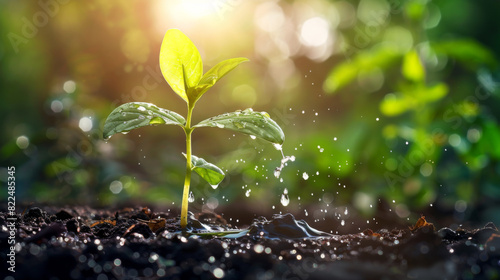 A small plant is growing in the dirt with water droplets on its leaves