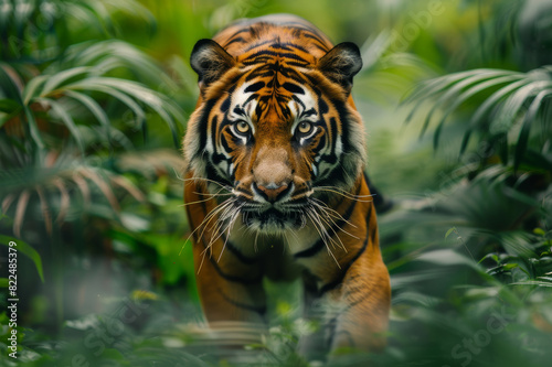 A tiger moving gracefully through dense forest vegetation, showcasing its agility and strength, surrounded by the lush greenery of a jungle environment.. AI generated. © Petr