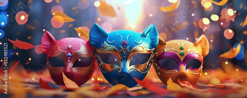 A beautiful and colorful Venetian cat mask. The mask is decorated with intricate designs and has a unique and stylish look. Perfect for a masquerade ball or any special occasion. photo