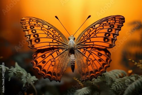 Vibrant gulf fritillary butterfly rests on foliage with a warm, golden sunset backdrop photo