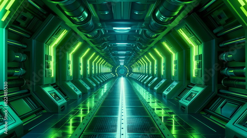 Very long hallway inside alien spaceship with lights illuminating the corridor