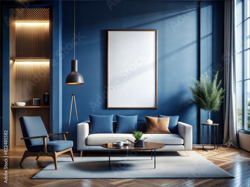 A blue living room with a white wall and a large white picture