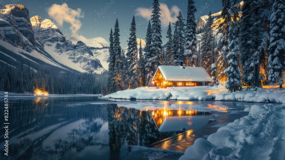 Beautiful view of Emerald Lake with snow covered and wooden lodge glowing in rocky mountains and pine forest on winter at Yoho national park, British Columbia, Canada --ar 16:9 Job ID: e8f04c46-9166-4