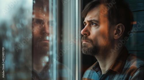 Man standing by the window with a despondent gaze, reflecting deep sorrow and melancholy photo