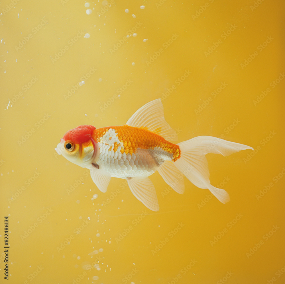 a goldfish swimming in a nice aquarium, yellow background a goldfish swimming in a nice aquarium, yellow background