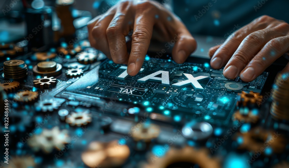 Businessman touching the word TAX on a digital interface with gears and technology Businessman touching the word TAX on a digital interface with gears and technology