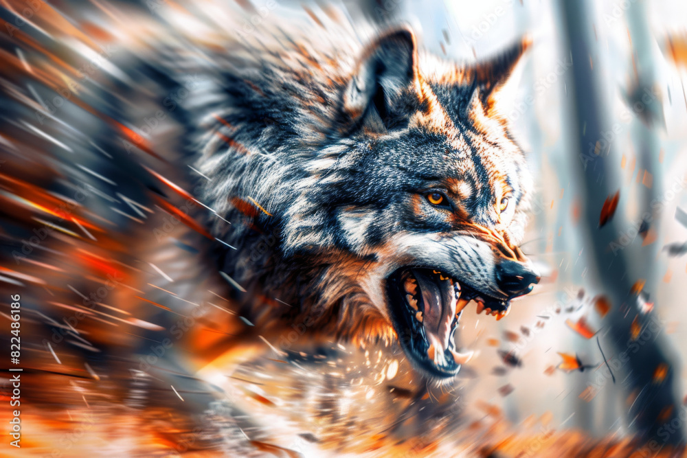 Wolf on the hunt showing teeth: Digital Painting in natural colors Wolf on the hunt showing teeth: Digital Painting in natural colors