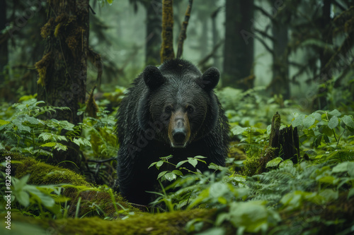 A bear foraging for berries in a dense forest, surrounded by lush greenery and tall trees.. AI generated.