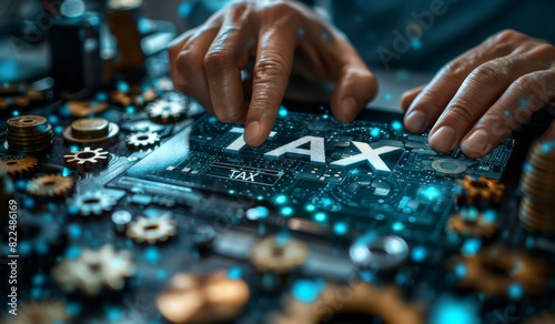 Businessman touching the word TAX on a digital interface with gears and technology