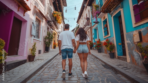 Romantic couple walking the streets of the old town  holding hands