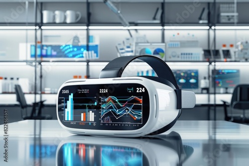 An image of a virtual reality headset displaying immersive 3D graphs and data analysis, symbolizing advanced financial planning techniques for 2024. The background is a sleek, minimalist tech lab.