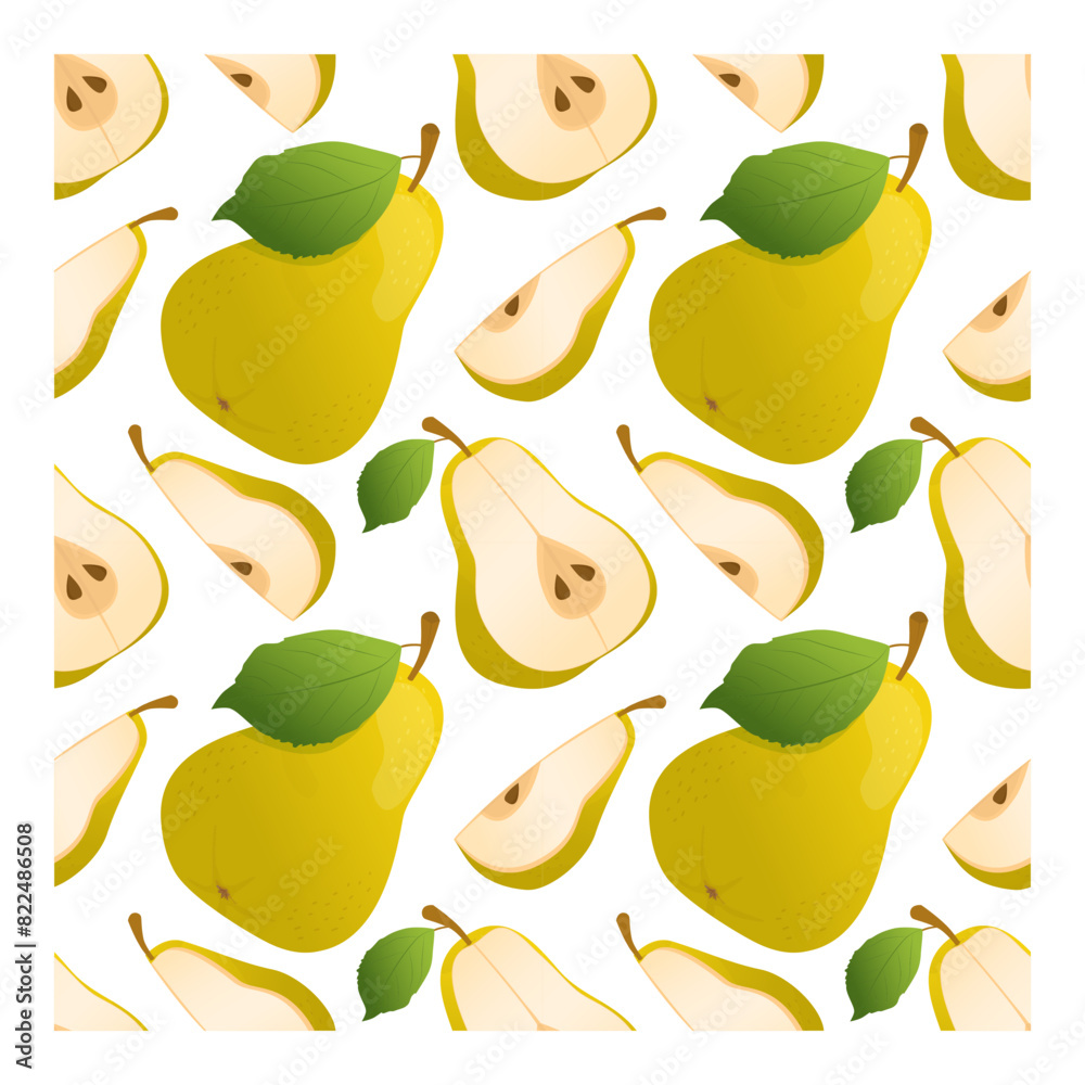 Obraz premium Pattern of ripe pear with green leaves and pear pieces on a white background. Seamless pattern with pears. Wrapping paper, textile, packaging, vector illustration