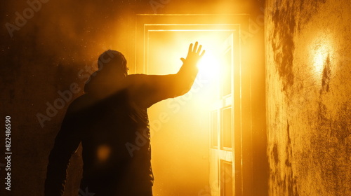 Vault 13 dweller bunker door opens and first sun rays dazzle, making that he begins to put his hand near to his eyes trying to block the shining photo