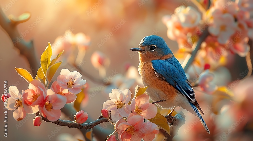 A charming bluebird perched on a branch of a blossoming apple tree, its cheerful song filling the crisp spring air. A charming bluebird perched on a branch of a blossoming apple tree, its cheerful song filling the crisp spring air.