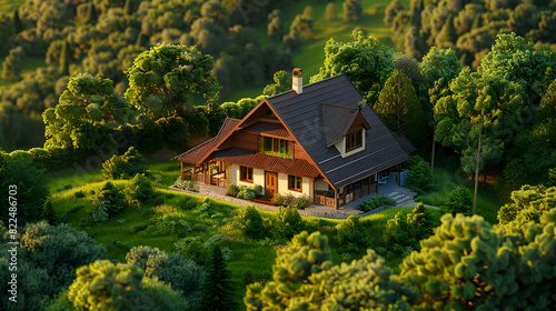 House in the middle of green field and blue sky with white clouds ,House green field under blue sky with white clouds, nature background 