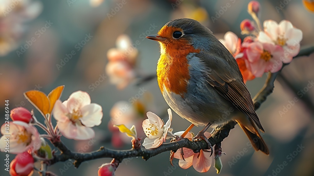 A charming robin perched on a branch of a blossoming cherry tree, its cheerful song filling the crisp spring air. A charming robin perched on a branch of a blossoming cherry tree, its cheerful song filling the crisp spring air.