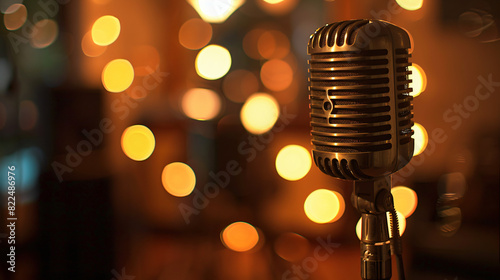 Retro Microphone with Warm Bokeh Lights in Music Studio