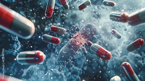 Dynamic pharmaceutical testing, Close-up of red and white capsules interacting with bacteria in microscopic environment. Highlights drug efficacy, bacterial interactions, and medical advancements.