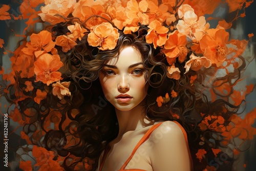 Artistic portrait of a stunning young woman surrounded by vivid orange blossoms © juliars