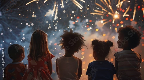 Group of children watching fireworks in sky