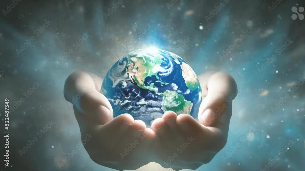 A pair of hands caresses the Earth, symbolizing global care, unity, and protection, surrounded by a celestial glow. Universe, planet, Earth, care, unity, protection, celestial, glow, hands, nature. A pair of hands caresses the Earth, symbolizing global care, unity, and protection, surrounded by a celestial glow. Universe, planet, Earth, care, unity, protection, celestial, glow, hands, nature.