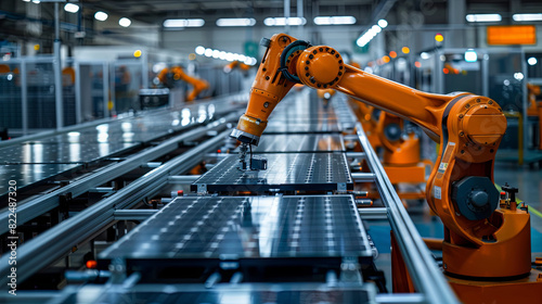 Modern, brightly lit factory featuring a large production line equipped with industrial robot arms. Solar panels are being assembled on a conveyor belt within this automated manufacturing facility