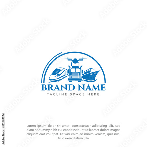 The Drone, the train, the cruise ship and truck. International transport concept for trips and tourism logo Vector Illustration