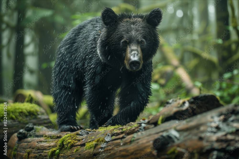 A bear exploring a moss-covered log in a dense forest, looking curiously at its surroundings.. AI generated. A bear exploring a moss-covered log in a dense forest, looking curiously at its surroundings.. AI generated.