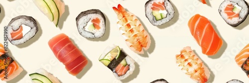 A seamless pattern of luscious sushi rolls, perfect as a graphic wallpaper for restaurant advertisements and promotions. The vivid colors and appetizing composition will enhance the dining experience photo