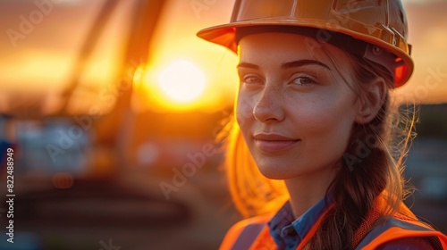 A young woman in an orange hard hat and safety vest is standing in front of a sunset.   © Awais