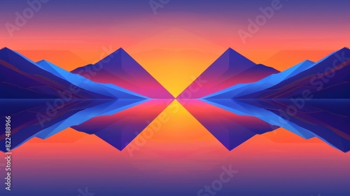  A computer-generated image features mountains and a water body  mirrored by a calm reflection The backdrop is dominated by a vibrant orange and blue sky