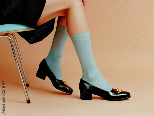 Legs of a woman in a black skirt sitting on a chair with short blue socks wearing luxury shoes