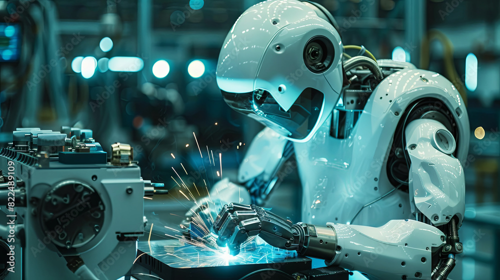 Intelligent factory with automated robotic arms, operating within a real-time monitoring system software. The facility utilizes welding robotics and digital manufacturing processes. Intelligent factory with automated robotic arms, operating within a real-time monitoring system software. The facility utilizes welding robotics and digital manufacturing processes.