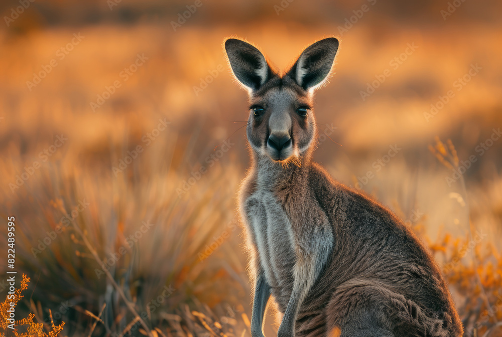 A kangaroo peacefully grazing on sparse vegetation in the sprawling Australian outback at dusk.. AI generated. A kangaroo peacefully grazing on sparse vegetation in the sprawling Australian outback at dusk.. AI generated.