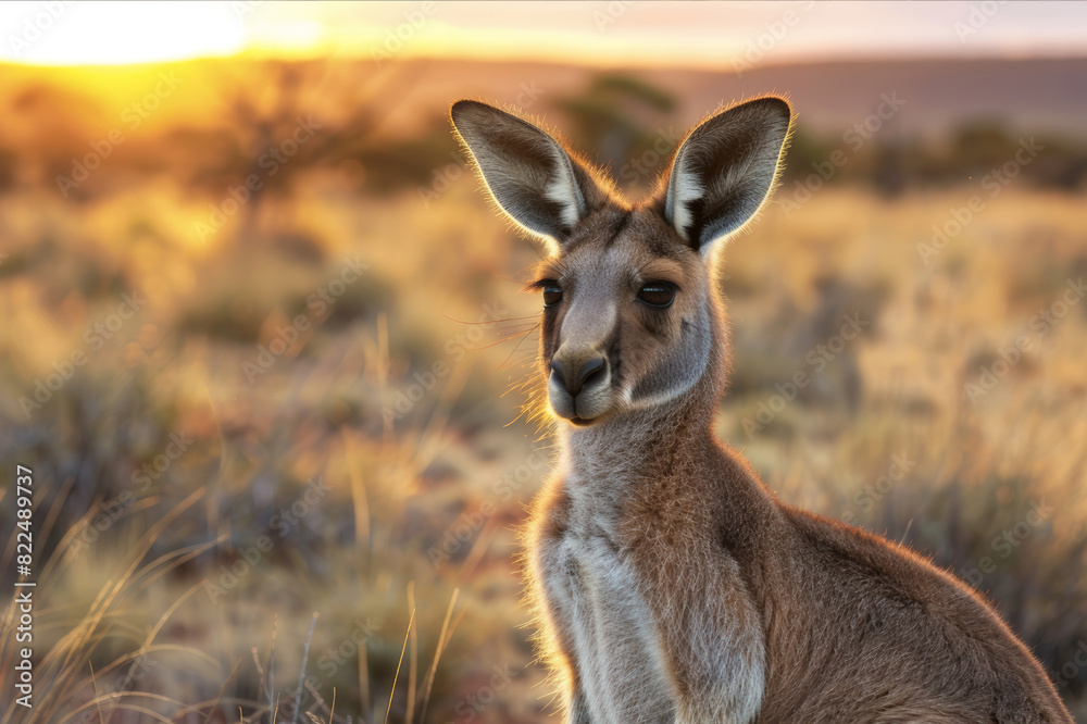 A kangaroo peacefully grazing on sparse vegetation in the sprawling Australian outback at dusk.. AI generated. A kangaroo peacefully grazing on sparse vegetation in the sprawling Australian outback at dusk.. AI generated.