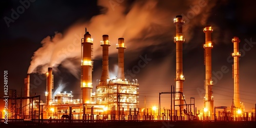 Nighttime view of a gas-fired power plant  also known as a gas station. Concept Industrial Architecture  Energy Production  Nighttime Photography
